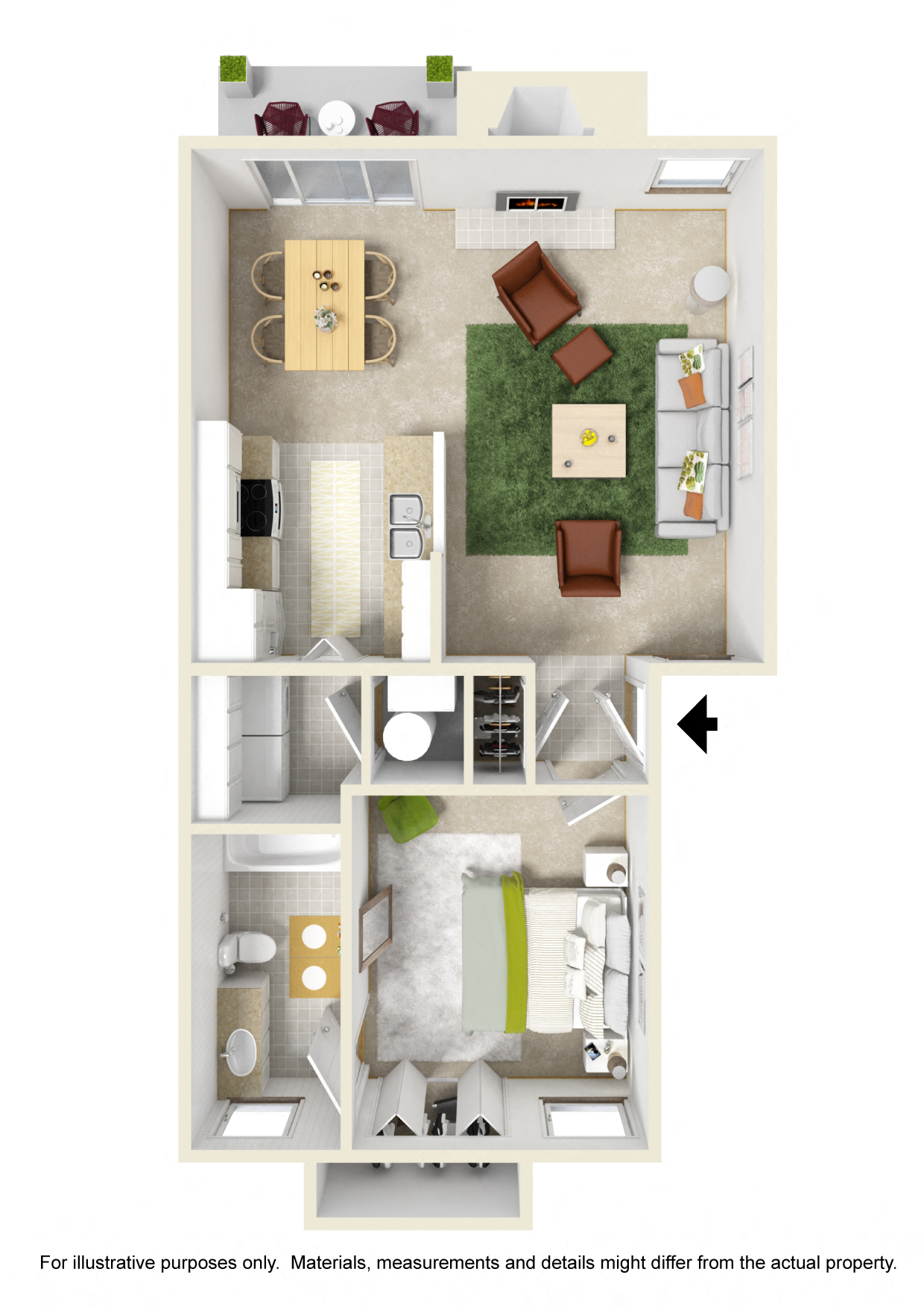 Floor plan for 1 bed, 1 bath, 633 sqft